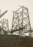 Two towers of the Maribyrnong River Viaduct under construction on the Albion to Broadmeadows line, Keilor East, 1928