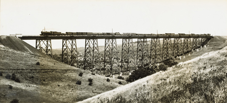 A goods train on the completed Maribyrnong River Viaduct, Keilor East, 1928