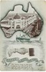 Postcard with a map of Australia, Flinders Street Station, ships and a handshake, circa 1906