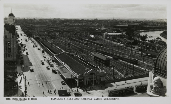 Princes Bridge Station and the railway yards with part of Flinders Street Station visible on the right