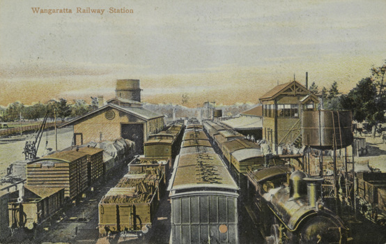Goods trains at Wangaratta Railway Station, circa 1920