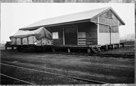 Freight shed during Commissioner's visit, Cobden Railway Station, circa 1970s