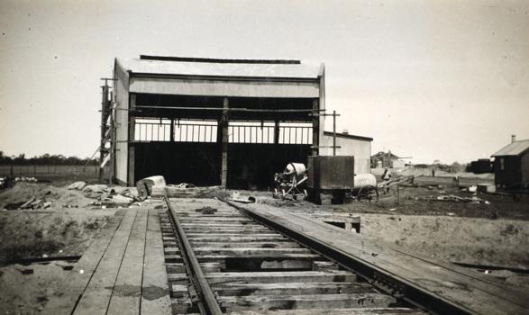 Two-stall engine shed at Balranald, circa 1925. Balranald was the last station on the Moama to Balranald line.