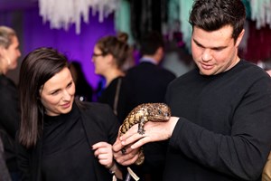 Lizard resting on a mans hand. A woman is looking on