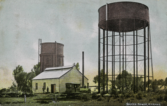 Two large water towers and a weatherboard building, Kerang, post-1900
