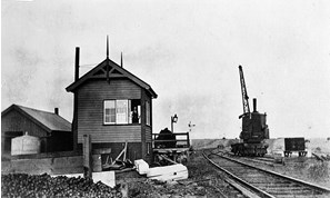 Signal box and steam crane, Geelong district, circa 1915
