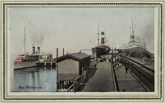 Carriages of a passenger train on Port Melbourne Pier, circa 1911