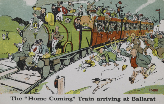 Illustration of a steam passenger train – 'The "Home Coming" Train arriving at Ballarat', post-1920