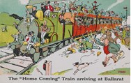 Illustration of a steam passenger train – 'The "Home Coming" Train arriving at Ballarat', post-1920