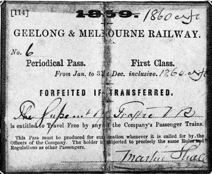 Geelong to Melbourne rail ticket, 1860