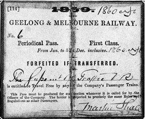 Geelong to Melbourne rail ticket, 1860