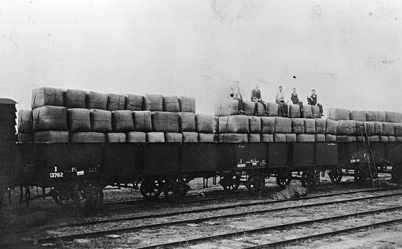 Wool bales stacked in railway trucks, Penshurst, circa 1922