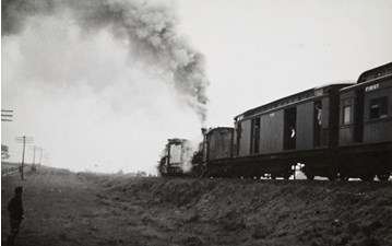 Steam locomotive hauling a guard's van and first class passenger carriage, Daylesford district, pre-1930