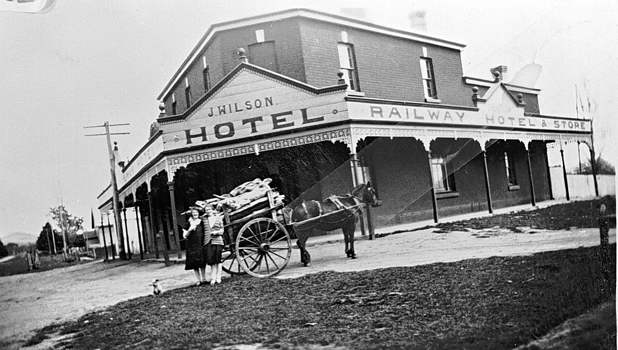 Two women with a horse and cart outside J. Wilson's Railway Hotel & Store, Yendon, circa 1925