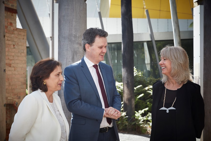 The Hon. Robin Scott, Assistant Treasurer and The Hon. Lily D'Ambrosio, Minister for Energy, Environment and Climate Change, with Lynley Crosswell, CEO and Director, Museums Victoria.