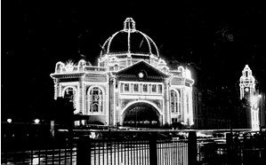 Flinders Street Station illuminated for the Prince of Wales' visit, 1920