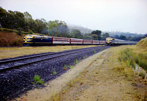 Two trains, Kilmore East, Wodonga to Melbourne centenary, 21 November 1973