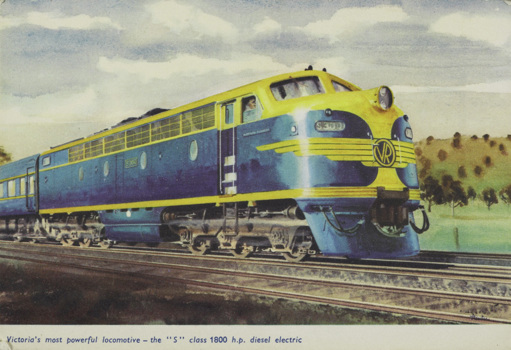 'Spirit of Progress' 1800 hp S class diesel electric locomotive in Victorian Railways' blue and gold paintwork, circa 1960