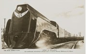The 'Spirit of Progress', circa 1935, fronted by the Victorian Railways engine, the 'Edward Henty': an "Air-conditioned, streamlined, all-steel train, in service between Melbourne & Albury".