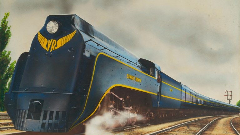 The steam-powered locomotive 'Edward Henty', one of the S class locomotives that hauled the 'Spirit of Progress' which ran from Melbourne to Albury, circa 1940. The train is painted golden yellow and royal blue – the colours of Victorian Railways.
