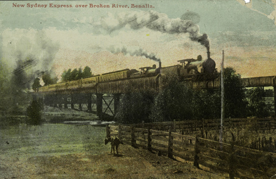 The New Sydney Express, consisting of two tenders and six carriages, crossing Broken River, Benalla, 1908