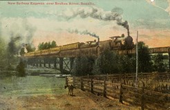 The New Sydney Express, consisting of two tenders and six carriages, crossing Broken River, Benalla, 1908