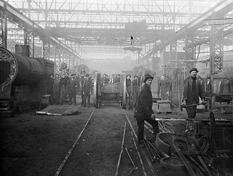 Staff inside the boiler shop at the Ballarat North railway workshop, pre-1930