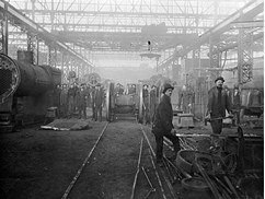 Staff inside the boiler shop at the Ballarat North railway workshop, pre-1930