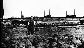 Staff member with pole supply train, Geelong, circa 1930