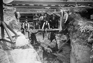Workers excavating under the Williamstown railway line, Footscray, 1928