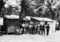 Railway construction workers with portable huts, Millewa district, 1924
