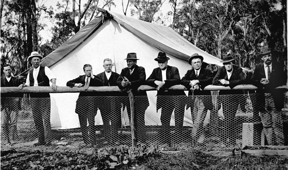 Staff and vegetable garden at railway staff camp, Nowa Nowa, 1914