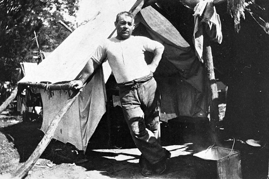 Railway worker and tent, Gippsland, circa 1925