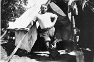 Railway worker and tent, Gippsland, circa 1925