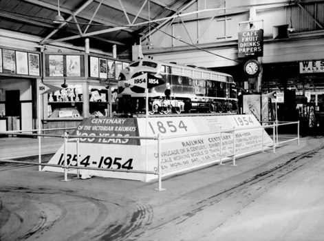 Model of Sir H. Clapp steam engine, Centenary of the Victorian Railways exhibition at Spencer Street Station, September 1954