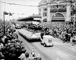 Victorian Railways float in Moomba parade passing Flinders Street Station, 14 March 1955