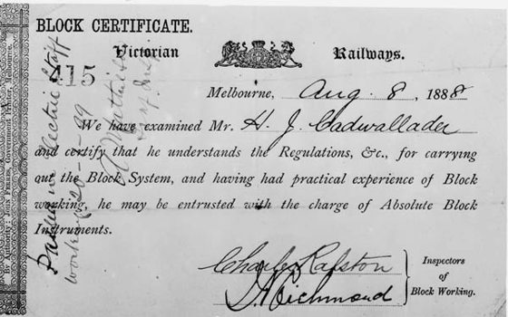 Block certificate awarded to Mr H. Cadwallader, 1888