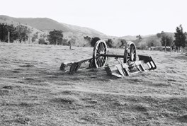 Remains of side frames and a pair of driving wheels with an axle from one of the original Hobsons Bay Railway Company steam locomotives, found lying in a paddock at Leneva, north-east Victoria, circa 1990