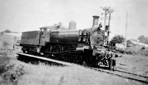 A train on the turntable at Mirboo North Railway Station, circa 1925