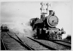 N class steam locomotive hauling Bungaree passenger race train and racecourse signals, circa 1920s