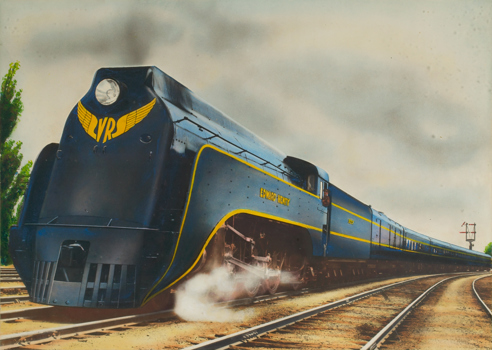 The steam-powered locomotive Edward Henty, one of the S class locomotives that hauled the Spirit of Progress which ran from Melbourne to Albury. The train is painted golden yellow and royal blue – the colours of Victorian Railways.