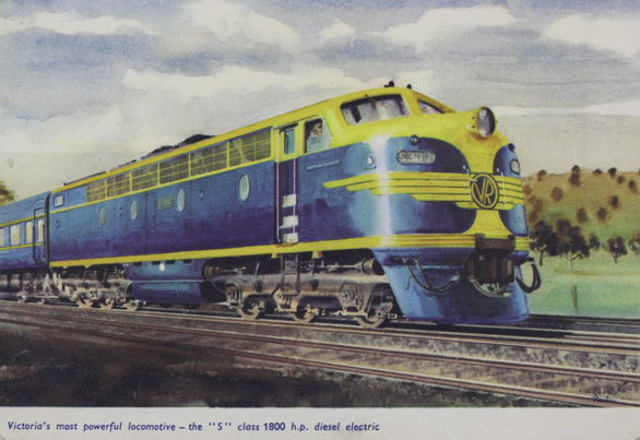 Spirit of Progress S class diesel electric locomotive, circa 1960. The engine has Victorian Railways' logo on its front and is painted in blue and gold livery.