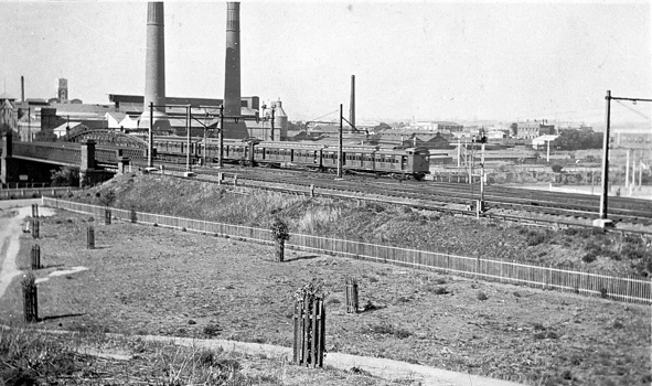 Train passing the Richmond Power Station, South Yarra, 1923