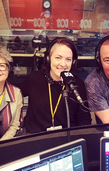 Professor Deirdre Coleman, Nik McGrath and Simon Hinkley in the ABC Radio Melbourne Studio, 19 November 2019.