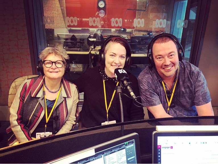 Professor Deirdre Coleman, Nik McGrath and Simon Hinkley in the ABC Radio Melbourne Studio, 19 November 2019.