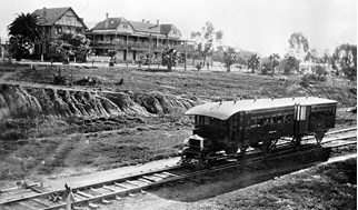 Motor rail travelling past the Grand Hotel, Mildura, circa 1930