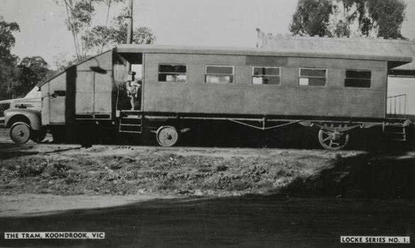 Truck converted to travel on tracks and be used as a tram carrying passengers, Koondrook, post-1920