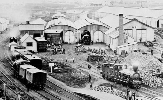 Williamstown Railway Workshops, with O class steam loco no. 21 and L class steam loco no. 20 in the picture, circa 1870