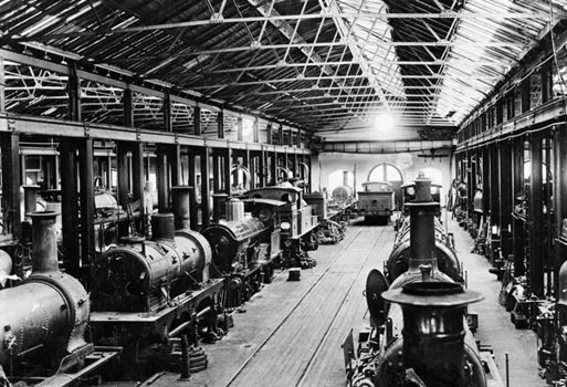 Newport Railway Workshops interior, with O, D, E and M class steam locomotives in the workshop, circa 1890