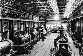 Newport Railway Workshops interior, with O, D, E and M class steam locomotives in the workshop, circa 1890